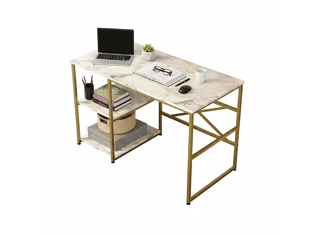 Bureau Juist, 2 legplanken, 120x60x75h cm wit marmer, 2 vakken, blad van gemelamineerd hout