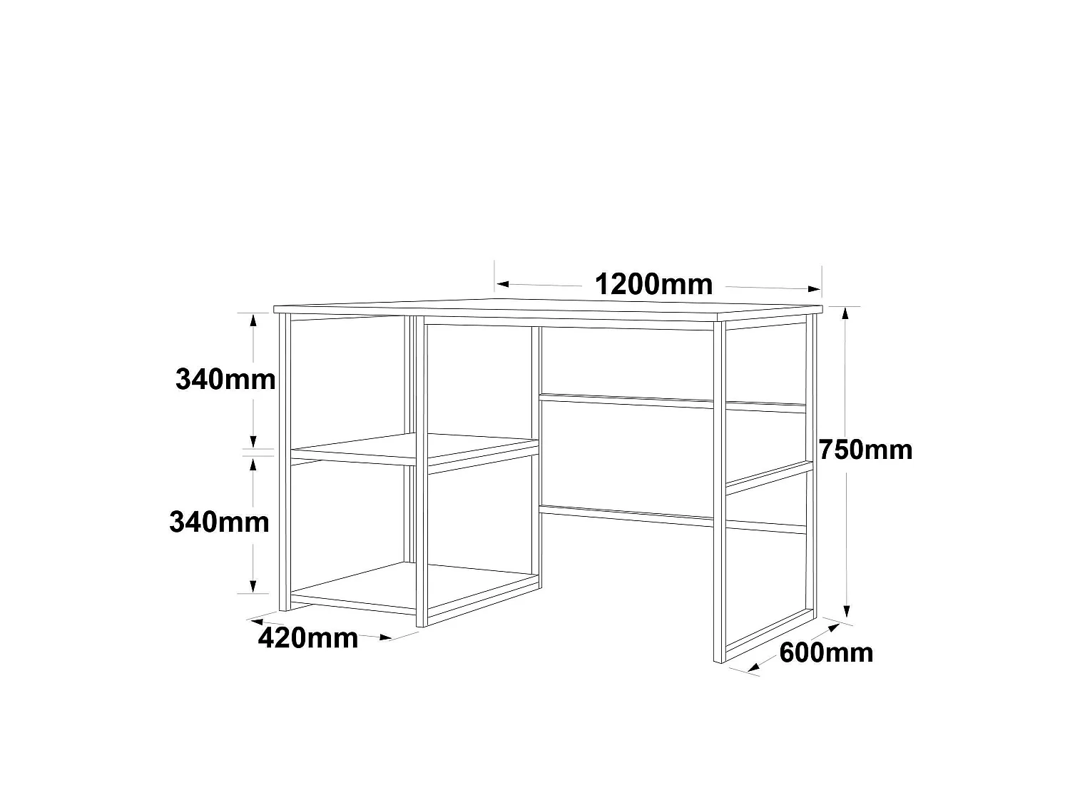 Bureau Juist, 2 legplanken, 120x60x75h cm wit marmer, 2 vakken, blad van gemelamineerd hout