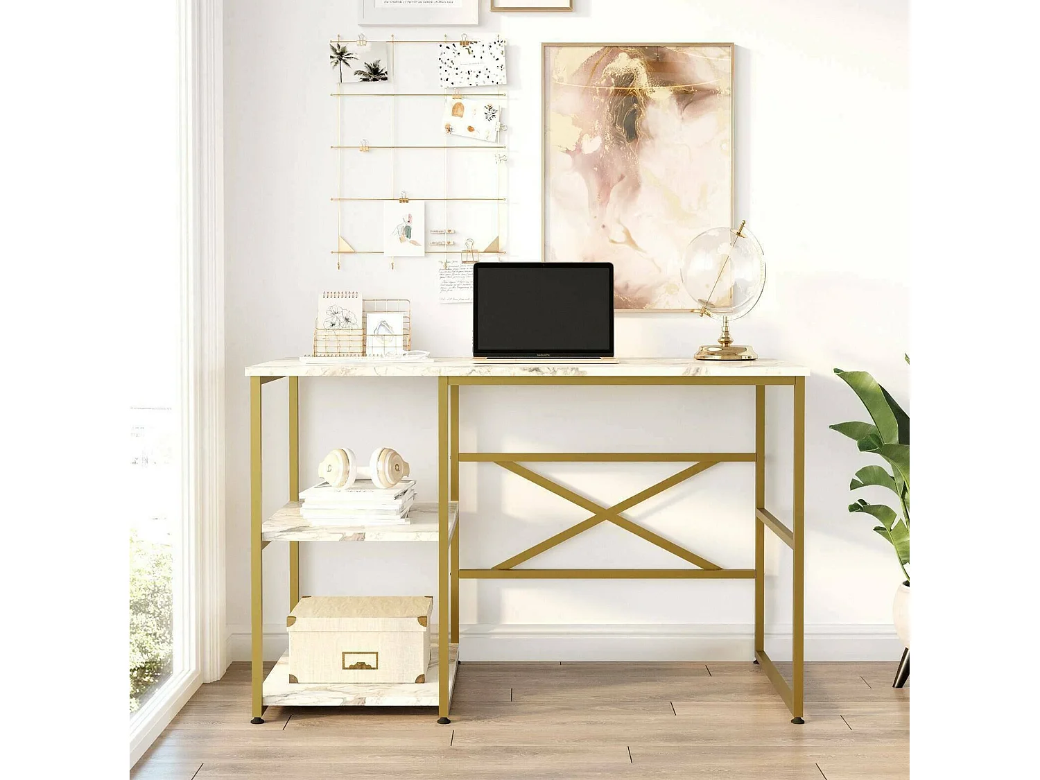 Bureau Juist, 2 legplanken, 120x60x75h cm wit marmer, 2 vakken, blad van gemelamineerd hout