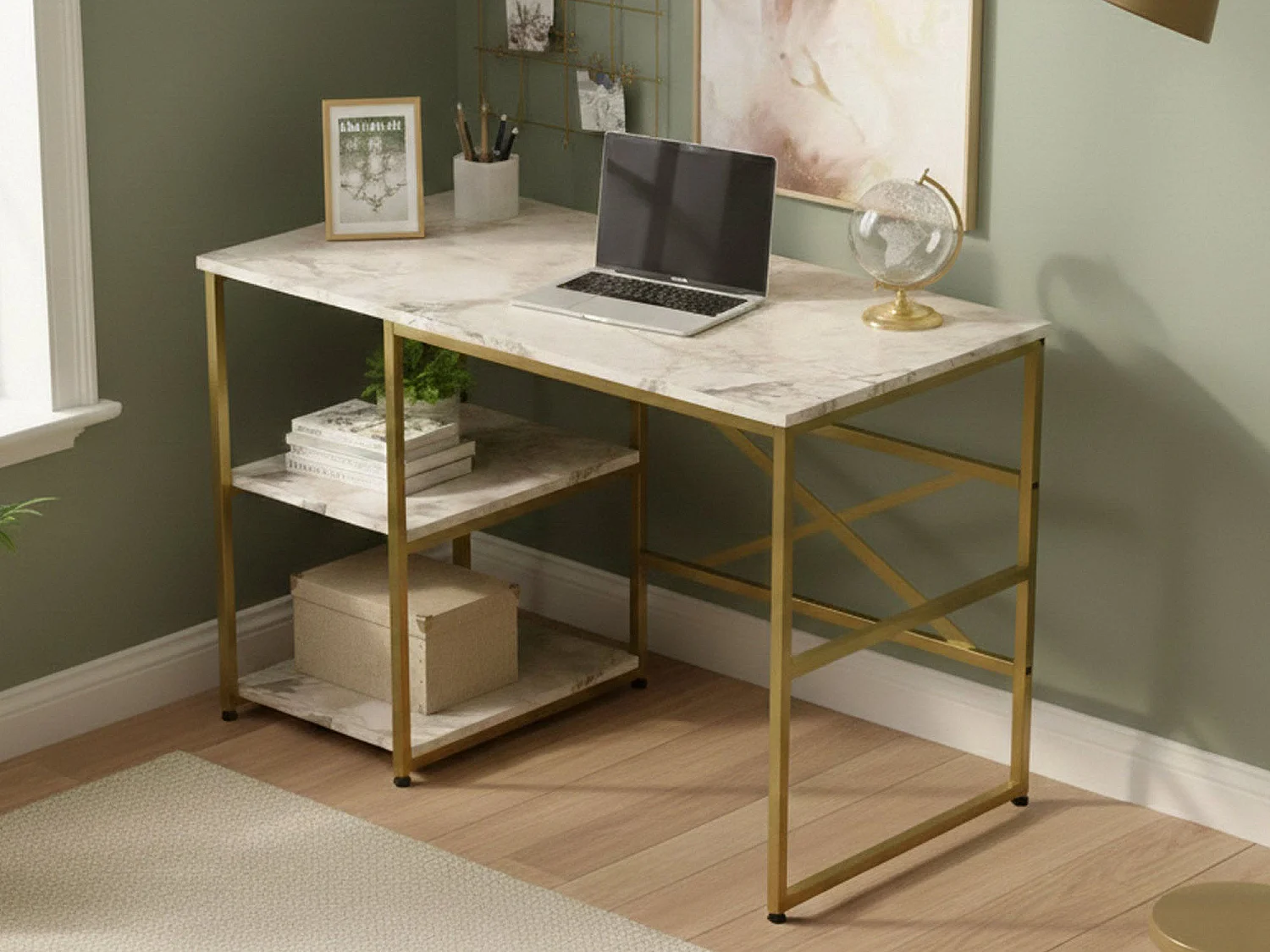 Bureau Juist, 2 legplanken, 120x60x75h cm wit marmer, 2 vakken, blad van gemelamineerd hout