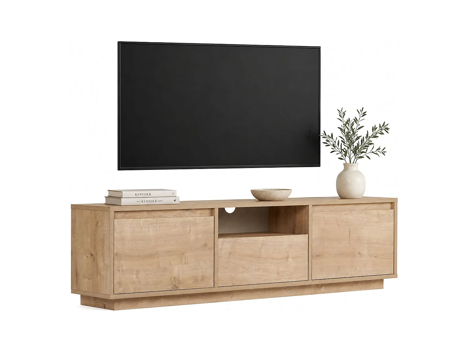 Fernsehtisch Morrigan, ein Regal, 160x30x42h cm Eiche Braun, 3 Türen, 4 Fächer