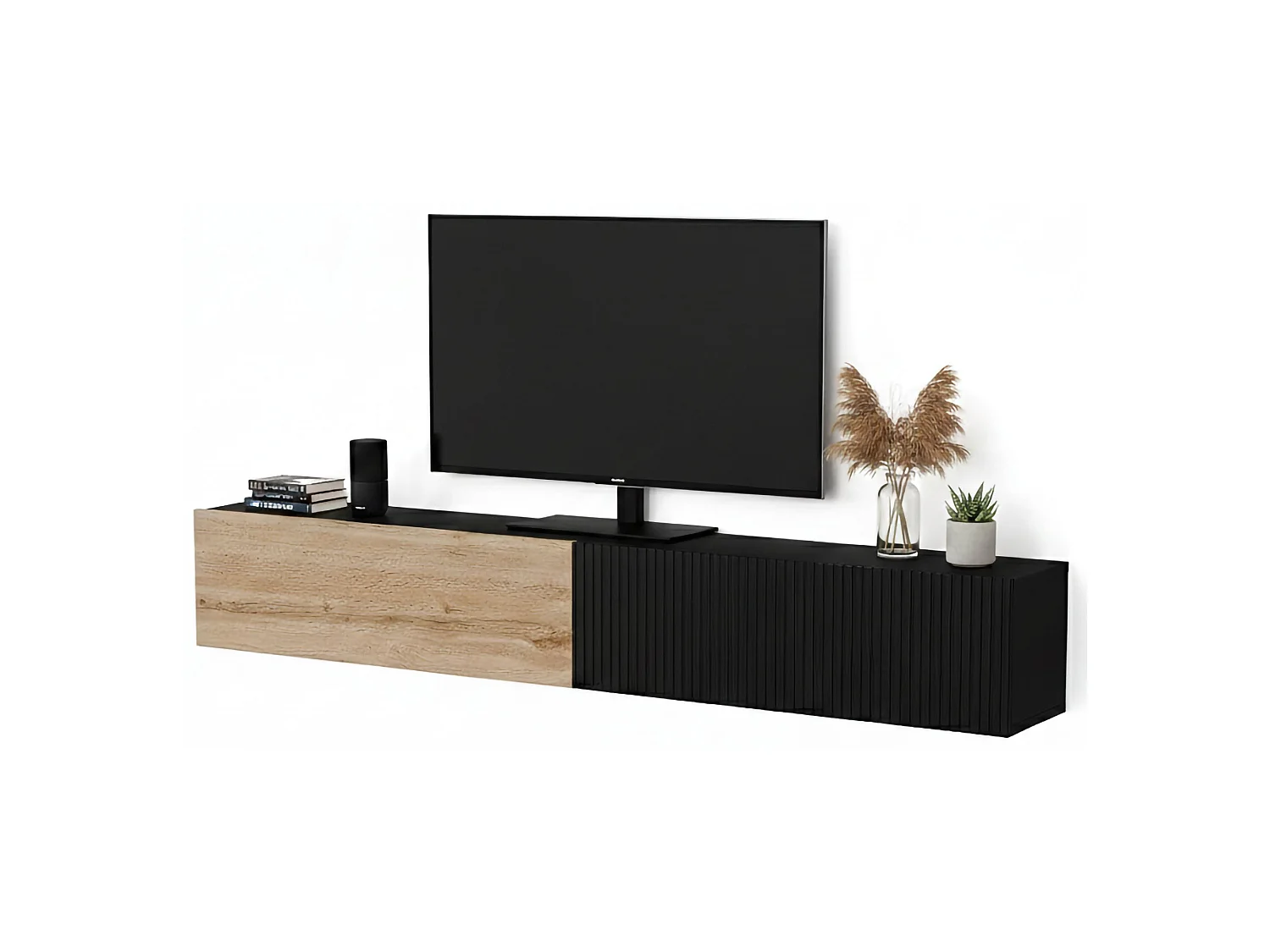 Sindia tv-meubel, Modulair, 200x30x31h cm Antracietzwart, 1 Plank, 2 Deuren