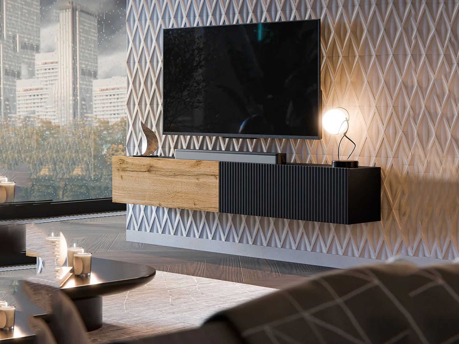 Sindia tv-meubel, Modulair, 200x30x31h cm Antracietzwart, 1 Plank, 2 Deuren