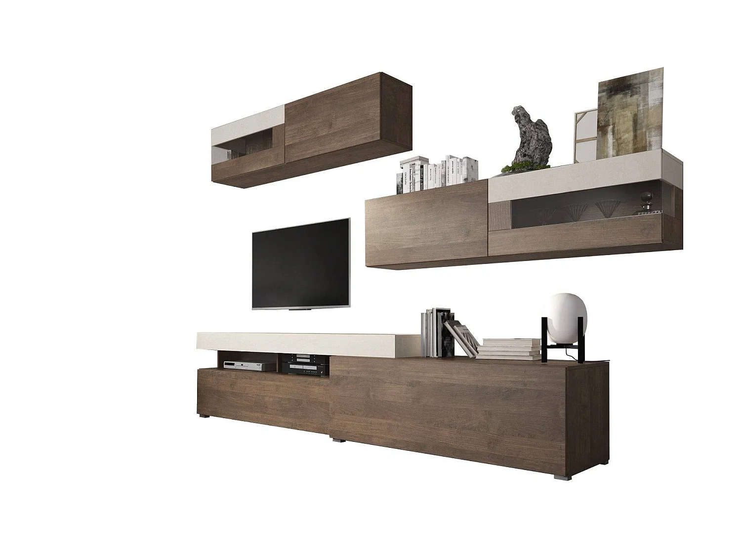 Parete Attrezzata Giacosa, Modulabile, Marrone Noce, Mobile Soggiorno, 6 Ante, Apertura Battente, a Ribalta