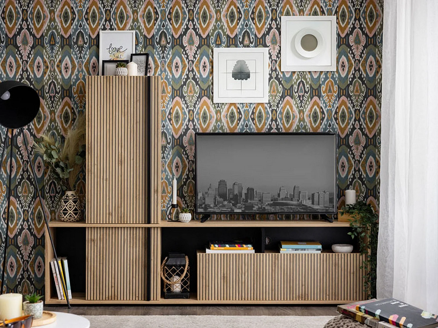 Parete Attrezzata Montiano, Modulabile, Marrone Rovere Nodi, Mobile Soggiorno, 7 Ripiani, 3 Ante