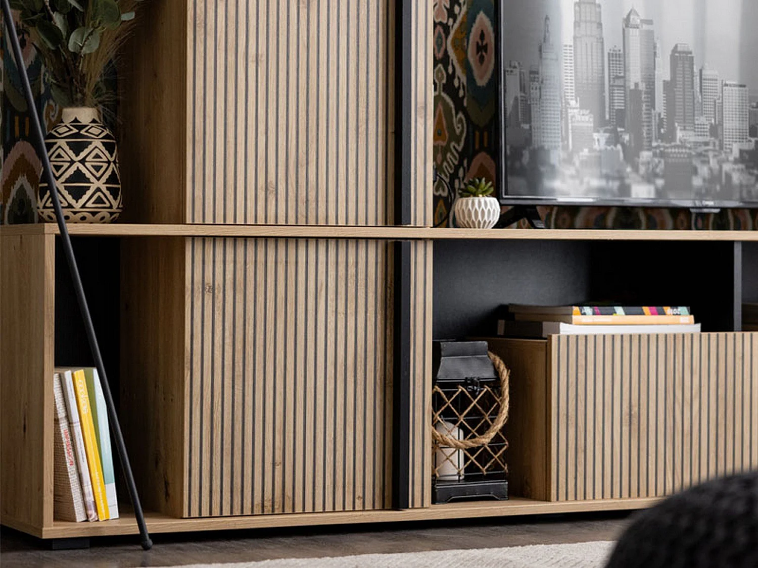 Parete Attrezzata Montiano, Modulabile, Marrone Rovere Nodi, Mobile Soggiorno, 7 Ripiani, 3 Ante