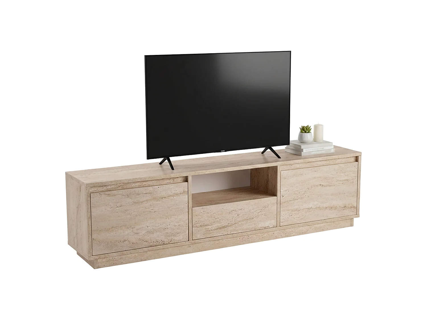 Morrigan tv-meubel, één legplank, 160x30x42h cm beige, 3 deuren, 4 vakken