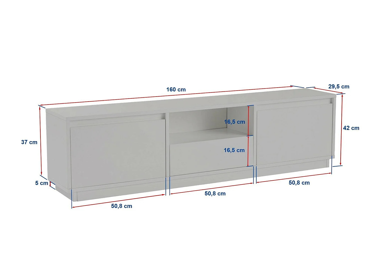 Morrigan tv-meubel, één legplank, 160x30x42h cm beige, 3 deuren, 4 vakken