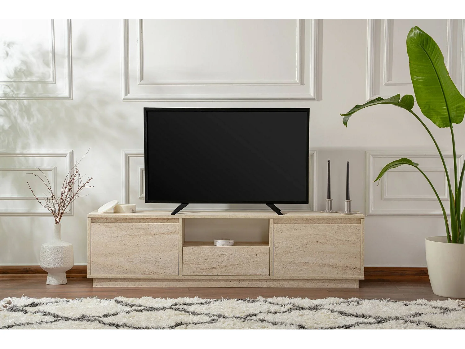 Morrigan tv-meubel, één legplank, 160x30x42h cm beige, 3 deuren, 4 vakken