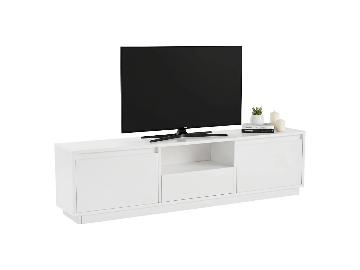 Tv-meubel Morrigan, één legplank, 160x30x42h cm wit, 3 deuren, 4 vakken
