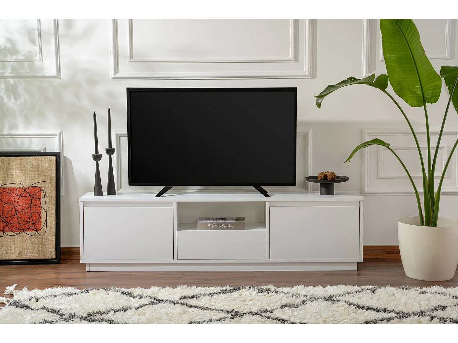 Tv-meubel Morrigan, één legplank, 160x30x42h cm wit, 3 deuren, 4 vakken