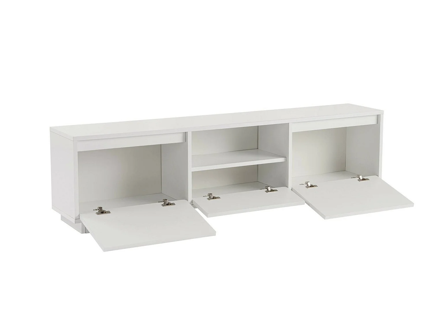Tv-meubel Morrigan, één legplank, 160x30x42h cm wit, 3 deuren, 4 vakken