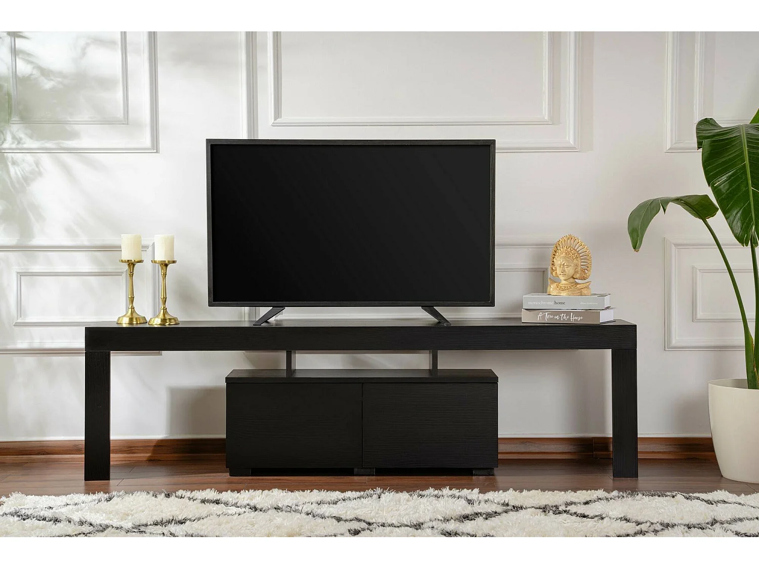 Mueble para TV Andarna, 2 estantes, 180x31x50h cm negro, 2 puertas, 3 compartimentos