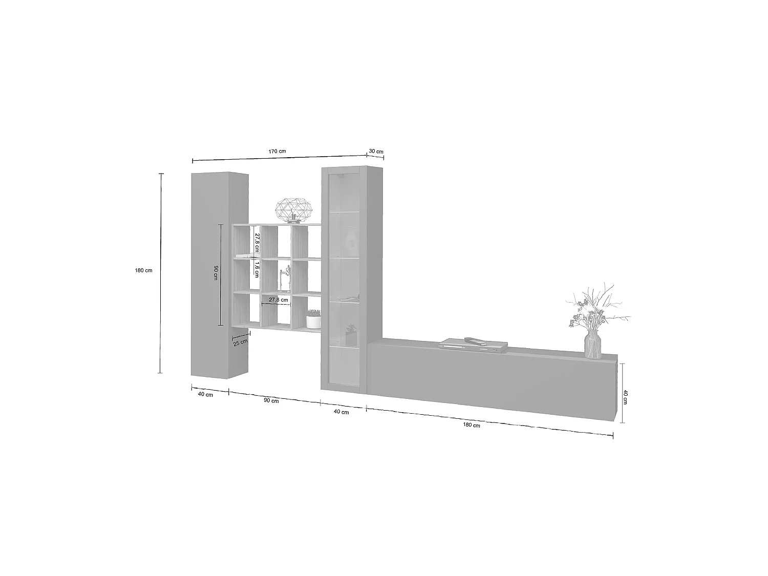 Parete Equipée Emilio, Modulable Made in Italy, 30x310x180h cm Noir Anthracite