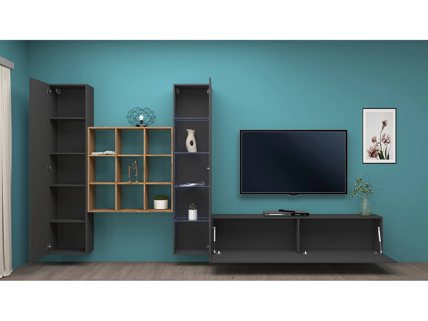 Parete Equipée Emilio, Modulable Made in Italy, 30x310x180h cm Noir Anthracite