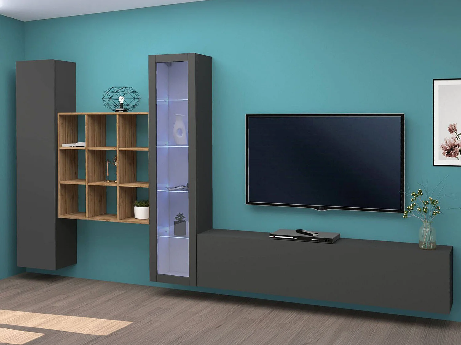 Parete Equipée Emilio, Modulable Made in Italy, 30x310x180h cm Noir Anthracite