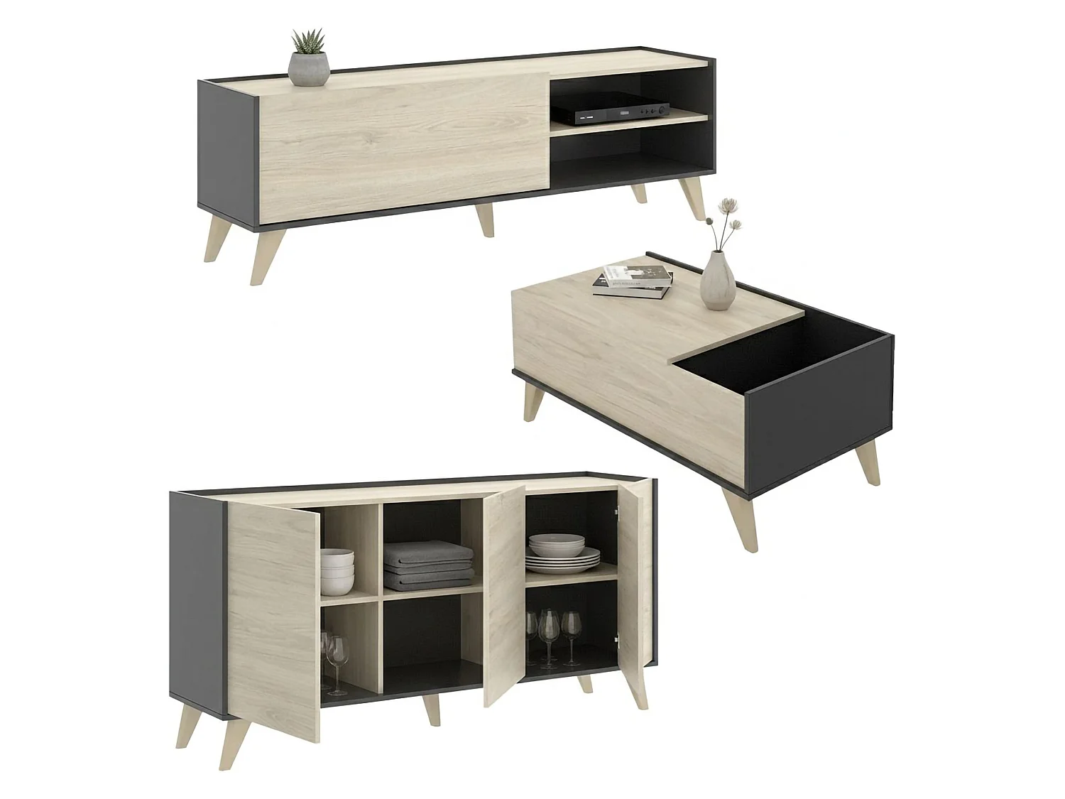 Set Mobili da Soggiorno Tuscola, Modulabile, Marrone Rovere, 5 Ripiani, Apertura Battente, a Ribalta, Sollevabile