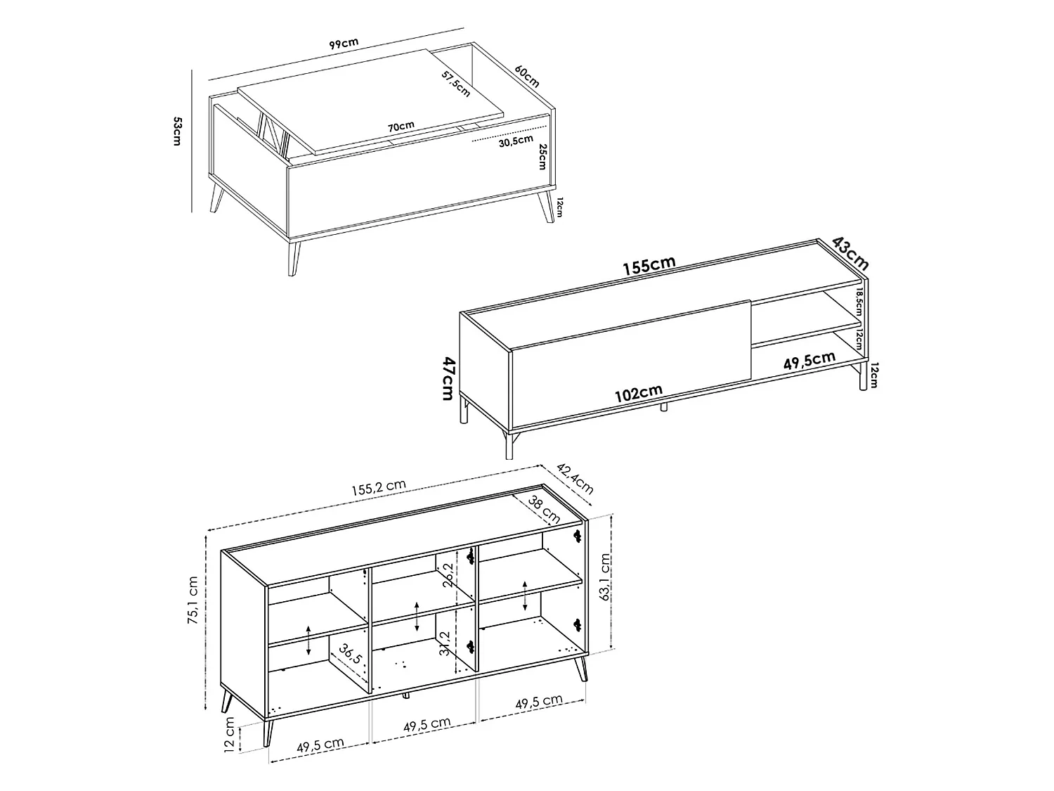 Set Mobili da Soggiorno Tuscola, Modulabile, Marrone Rovere, 5 Ripiani, Apertura Battente, a Ribalta, Sollevabile
