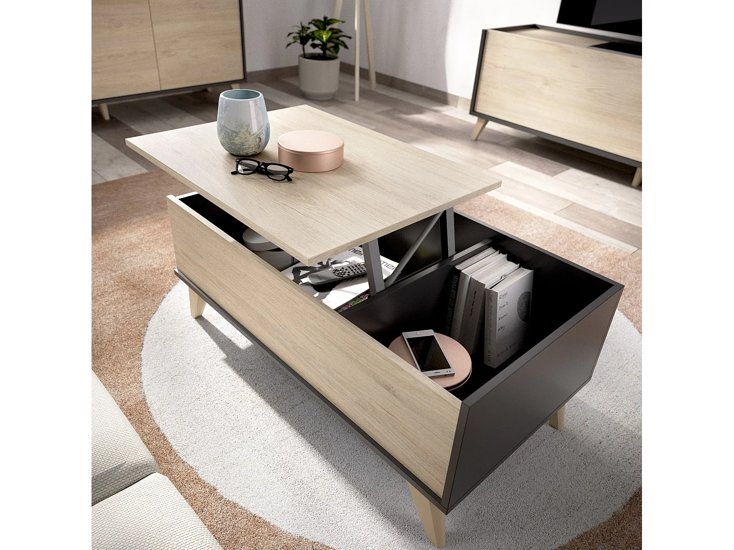 Set Mobili da Soggiorno Tuscola, Modulabile, Marrone Rovere, 5 Ripiani, Apertura Battente, a Ribalta, Sollevabile