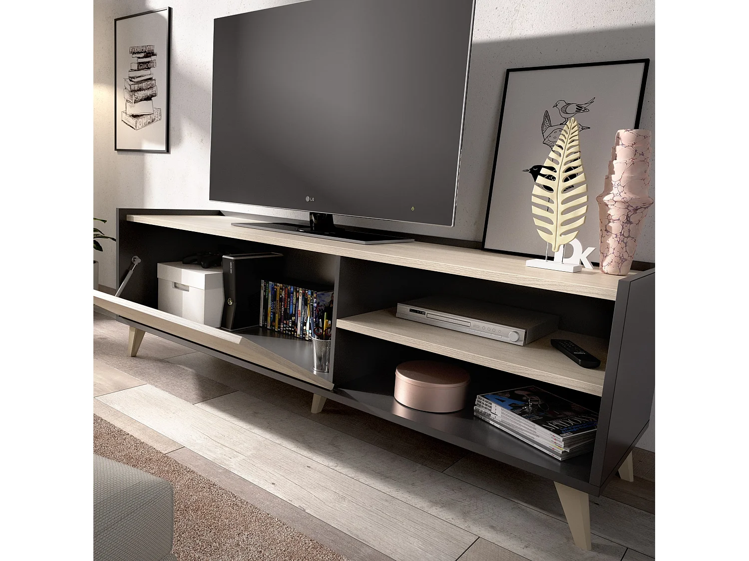 Set Mobili da Soggiorno Tuscola, Modulabile, Marrone Rovere, 5 Ripiani, Apertura Battente, a Ribalta, Sollevabile