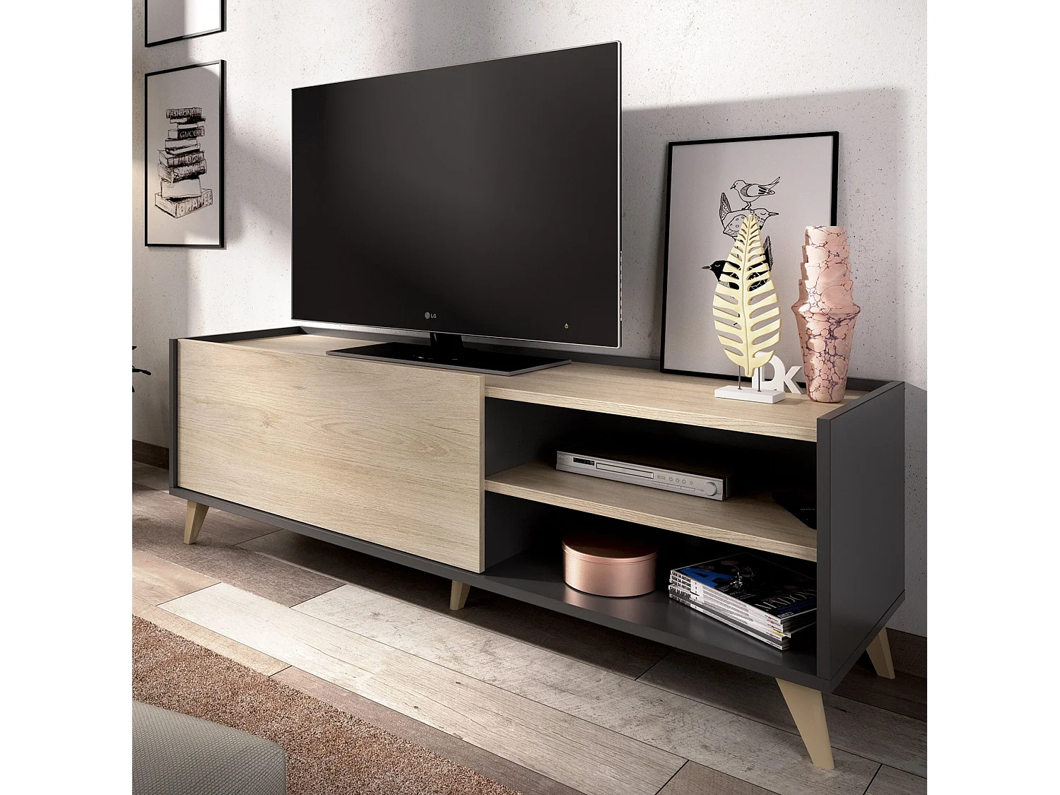 Set Mobili da Soggiorno Tuscola, Modulabile, Marrone Rovere, 5 Ripiani, Apertura Battente, a Ribalta, Sollevabile