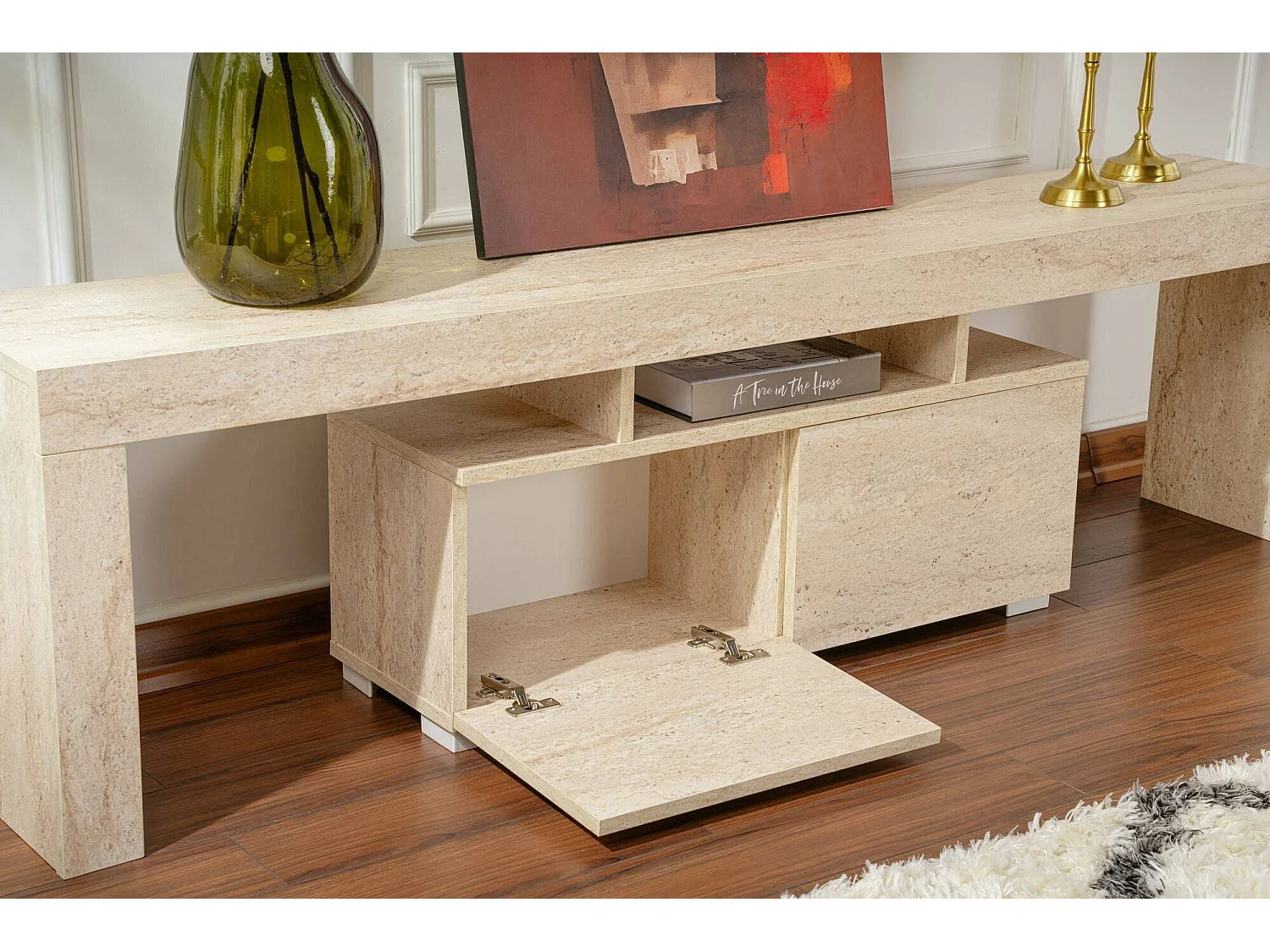 Mueble para TV Andarna, 2 estantes, 180x31x50h cm beige, 2 puertas, 3 compartimentos