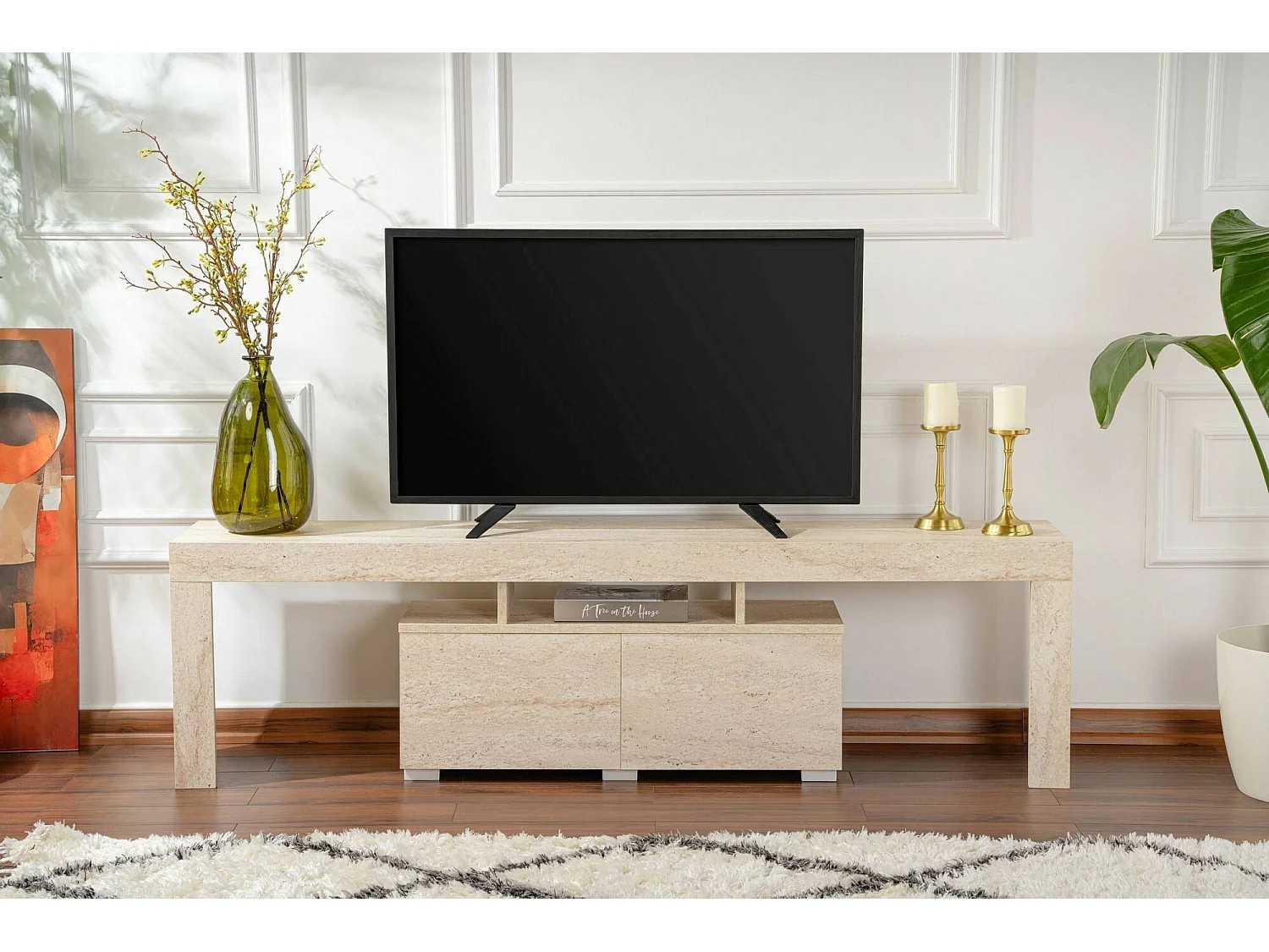 Mueble para TV Andarna, 2 estantes, 180x31x50h cm beige, 2 puertas, 3 compartimentos