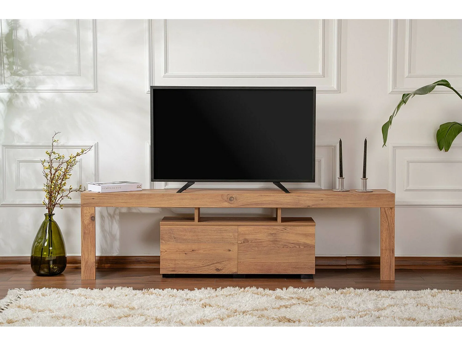 Tv-meubel Andarna, 2 planken, 180x31x50h cm, dennenbruin, klepopening, 2 deuren