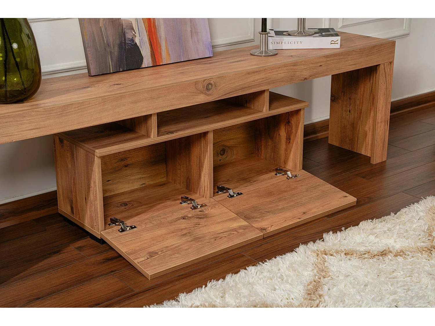 Tv-meubel Andarna, 2 planken, 180x31x50h cm, dennenbruin, klepopening, 2 deuren