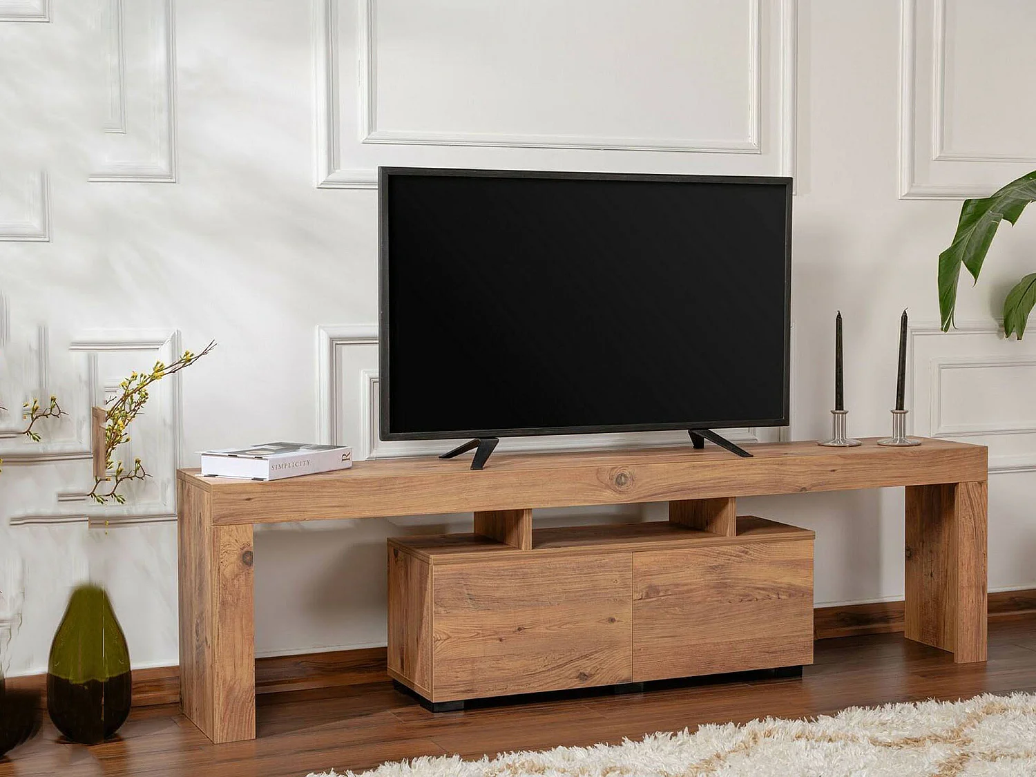 Tv-meubel Andarna, 2 planken, 180x31x50h cm, dennenbruin, klepopening, 2 deuren