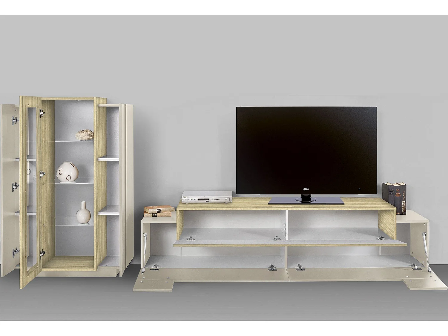 Parete Attrezzata Lazzate, Modulabile Made in Italy, Beige, Mobile Soggiorno, 10 Ripiani, Apertura a Ribalta, Battente