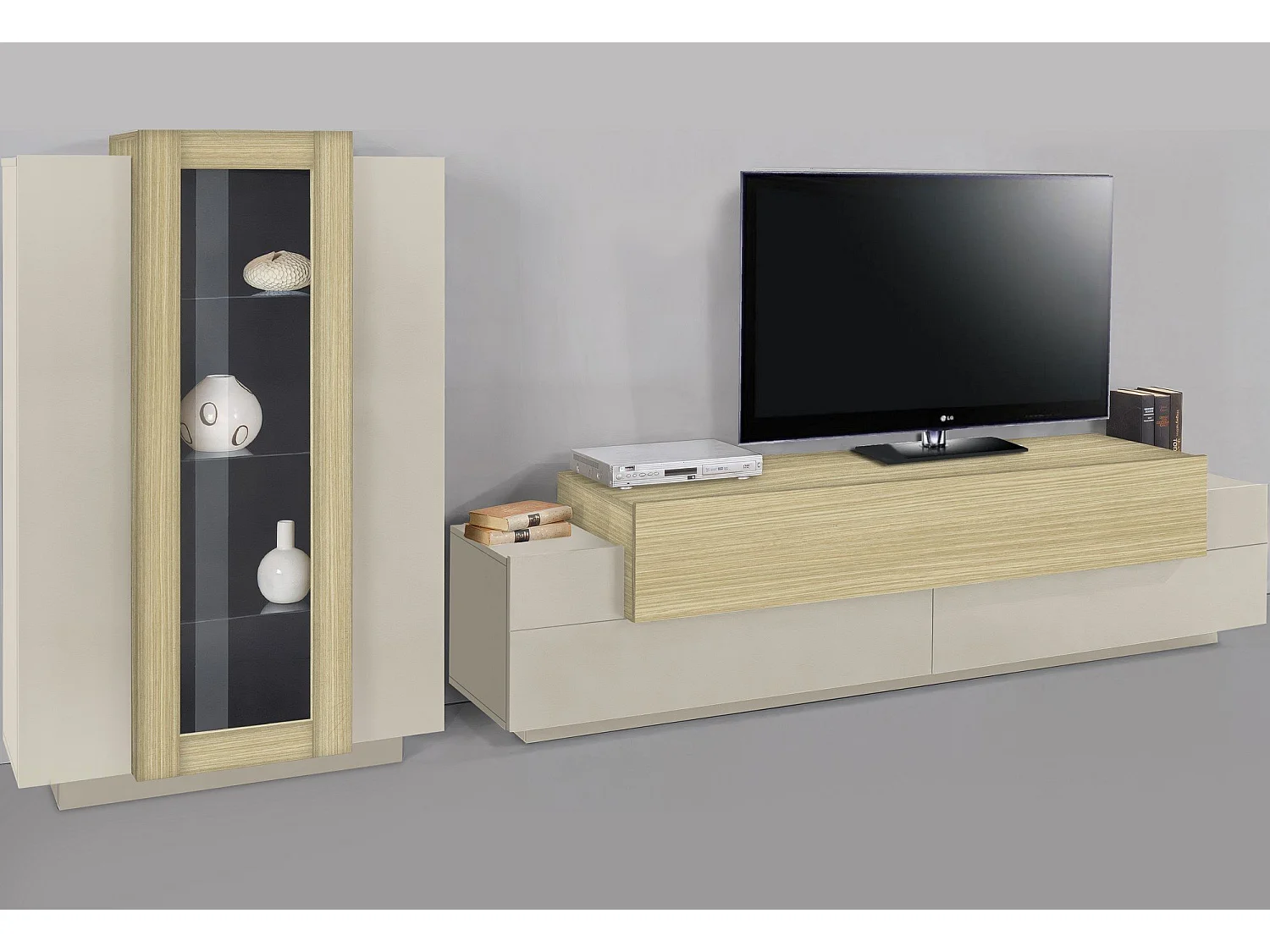 Parete Attrezzata Lazzate, Modulabile Made in Italy, Beige, Mobile Soggiorno, 10 Ripiani, Apertura a Ribalta, Battente