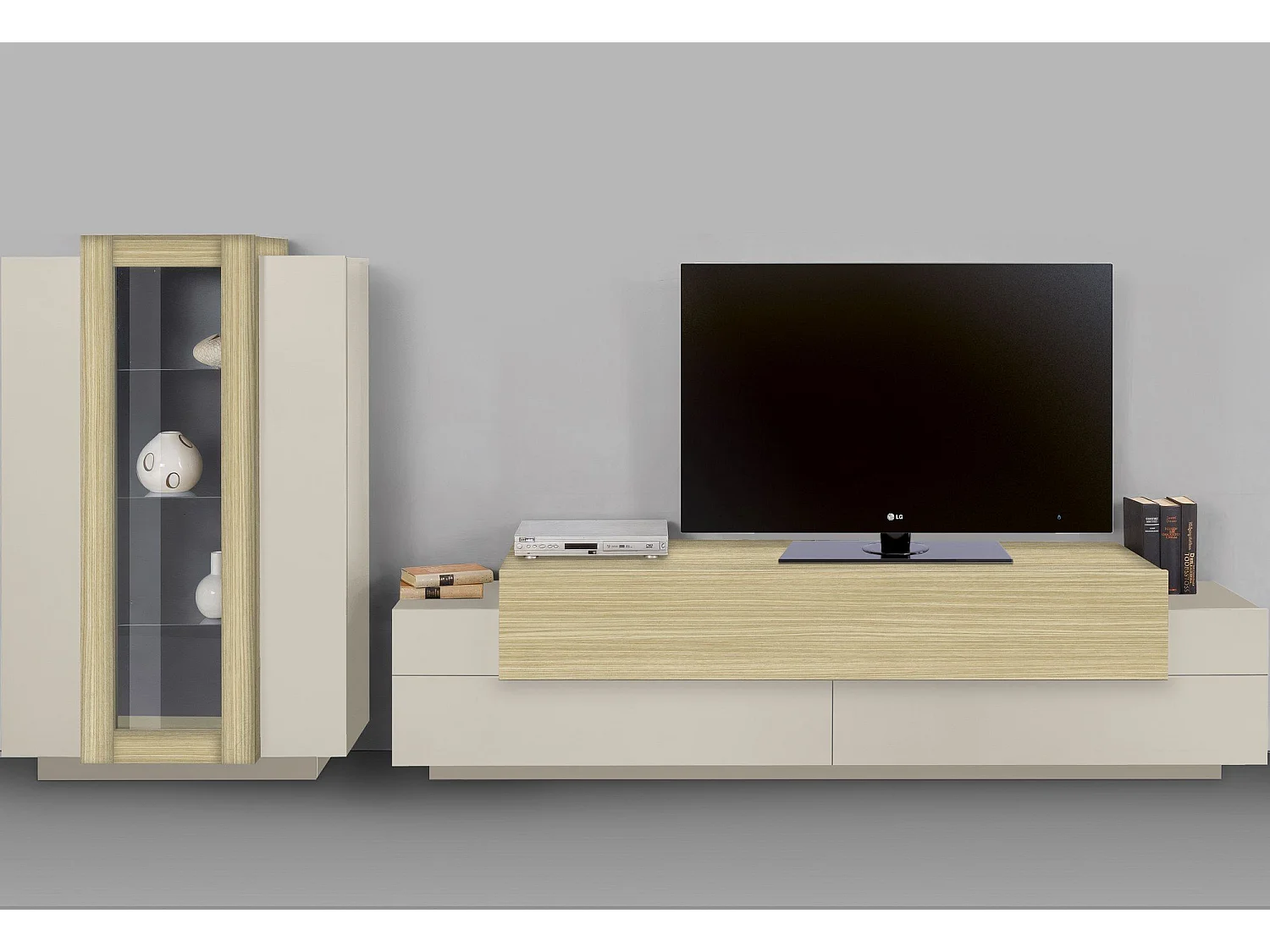 Parete Attrezzata Lazzate, Modulabile Made in Italy, Beige, Mobile Soggiorno, 10 Ripiani, Apertura a Ribalta, Battente