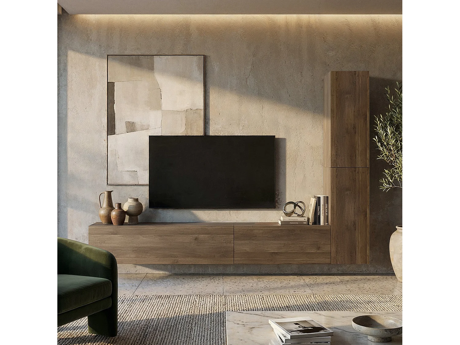 Parete Attrezzata Gatafa, Modulabile, Marrone Noce, Mobile Soggiorno, 4 Ripiani, 4 Ante