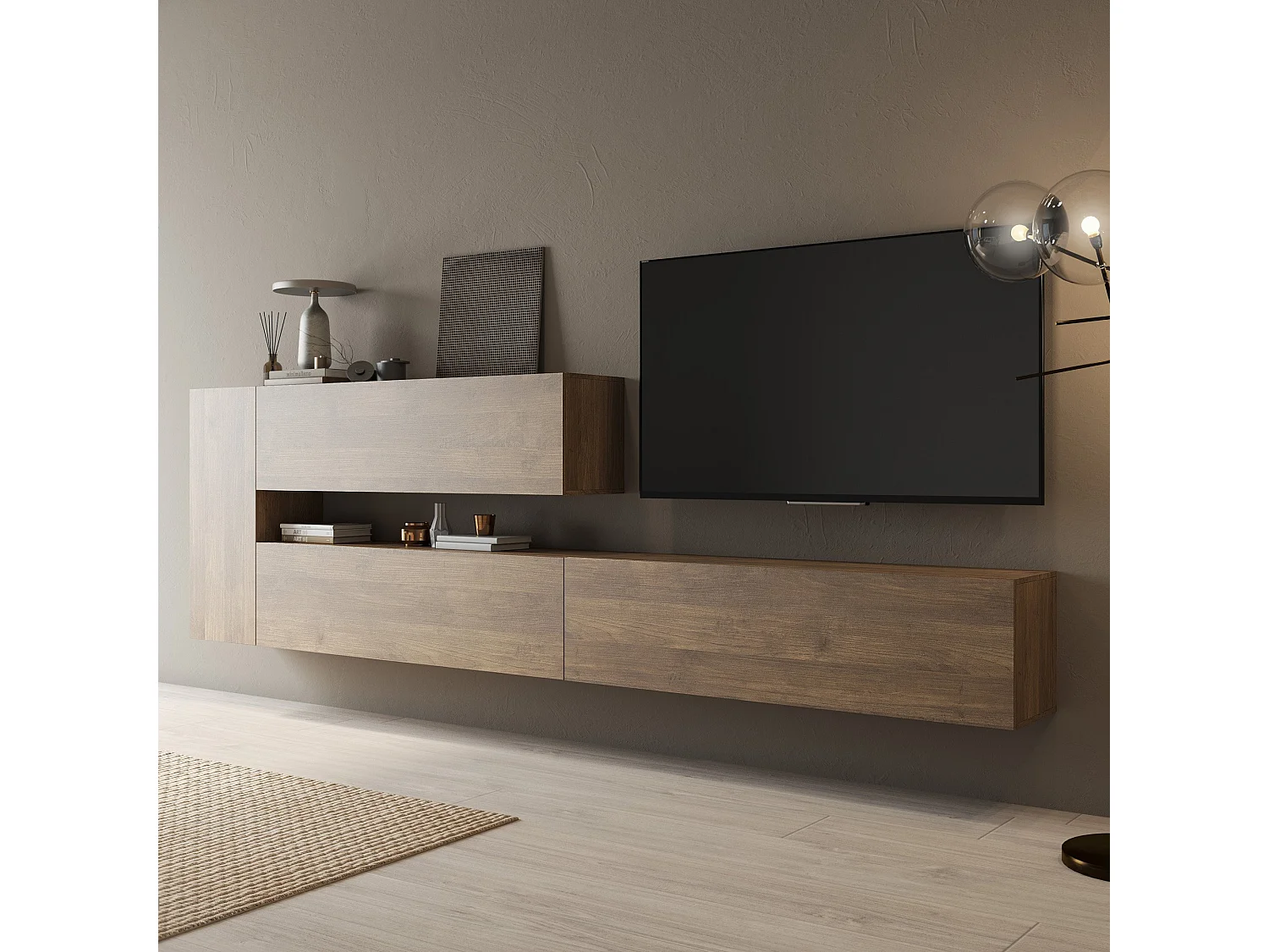 Parete Attrezzata Gatafa, Modulabile, Marrone Noce, Mobile Soggiorno, 4 Ripiani, 4 Ante