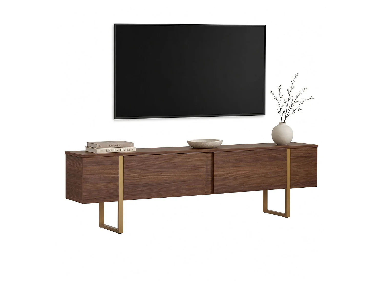 Meuble TV Abishia, 2 Portes, 180x30x50h cm Chêne Marron, 2 Compartiments, Ouverture Rabattable