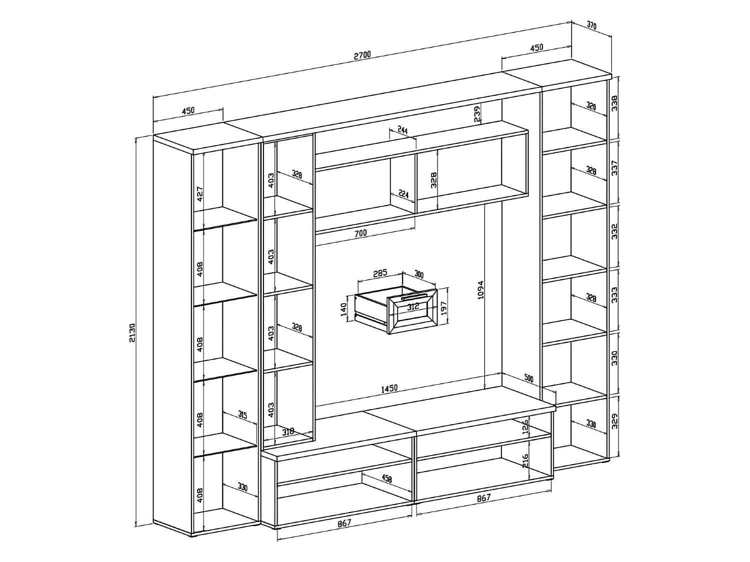 Wohnwand Carenno, Modulierbar, Weiß, Wohnzimmermöbel, 4 Schubladen, 8 Regale