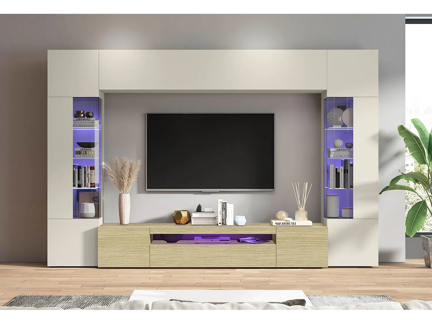 Parete Attrezzata Solopaca, 14 Ripiani Made in Italy, Marrone Rovere, Mobile Soggiorno, 6 Ante, Anta Dettaglio Vetro