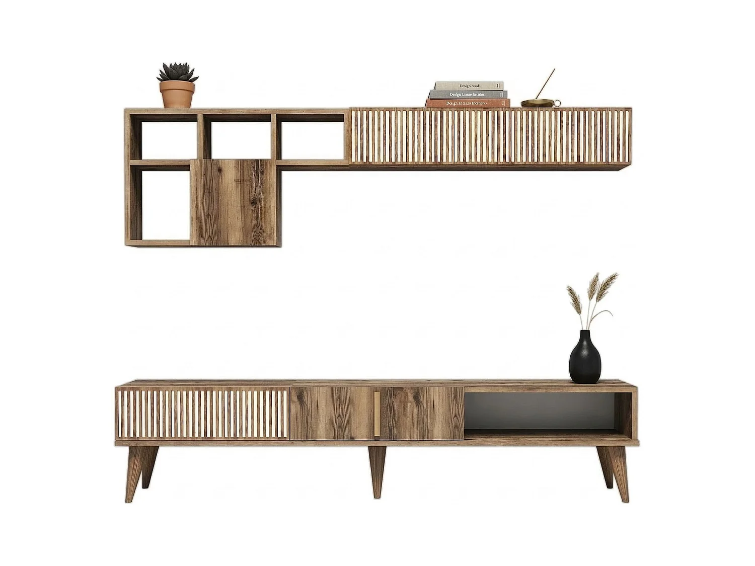 Parete Attrezzata Domanico, Modulabile, Marrone Noce, Mobile Soggiorno, 11 Ripiani, 4 Ante