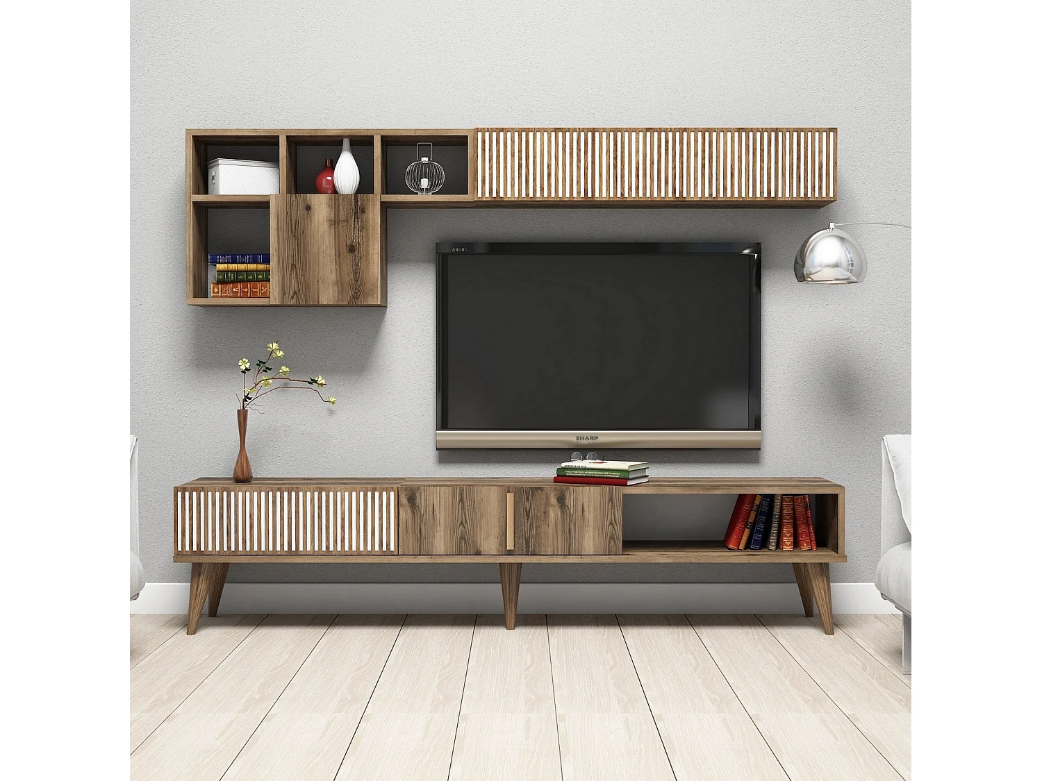 Parete Attrezzata Domanico, Modulabile, Marrone Noce, Mobile Soggiorno, 11 Ripiani, 4 Ante