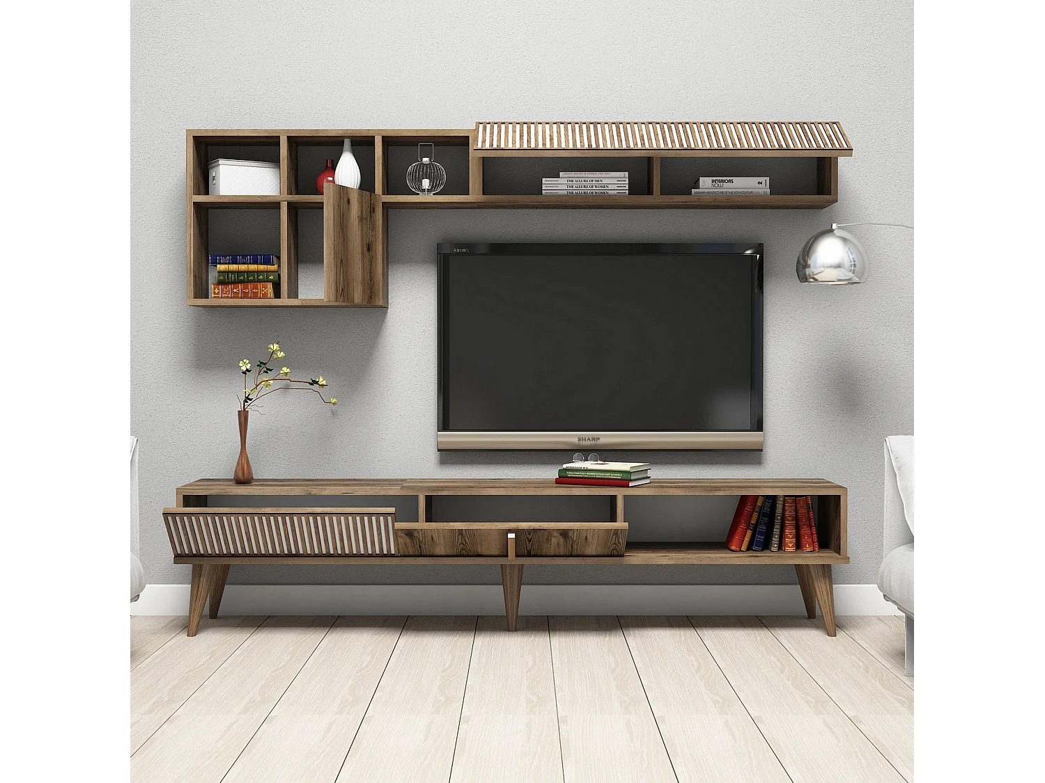 Parete Attrezzata Domanico, Modulabile, Marrone Noce, Mobile Soggiorno, 11 Ripiani, 4 Ante