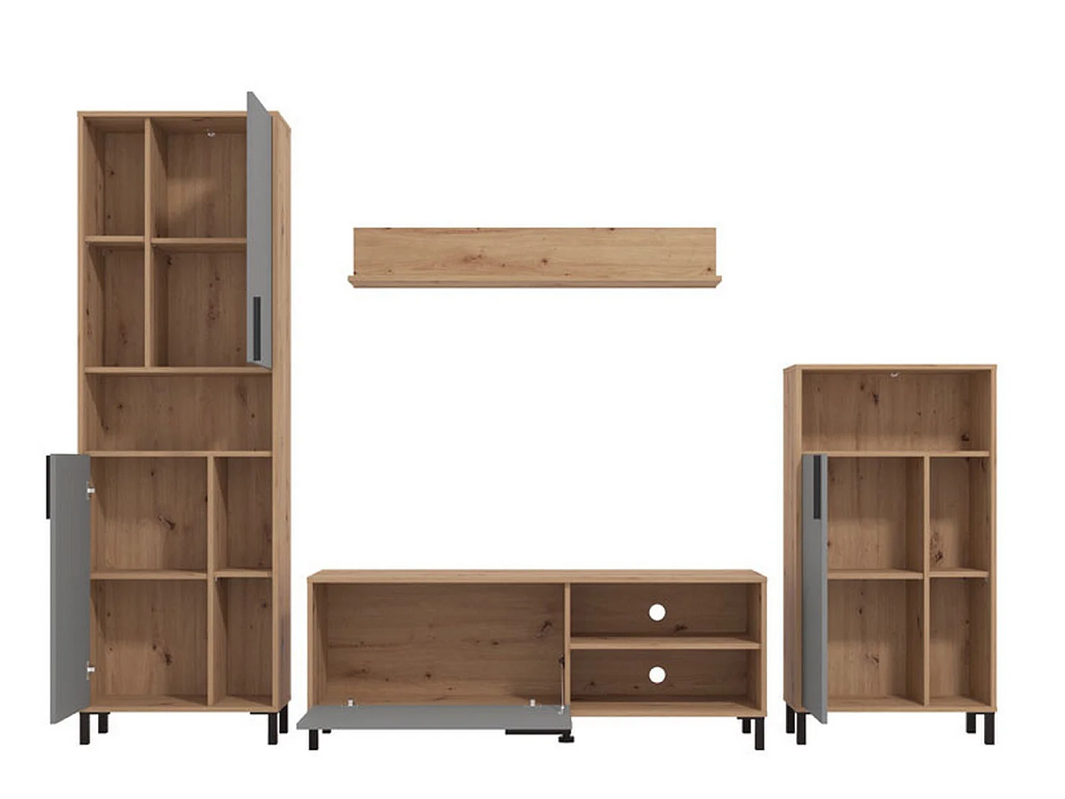 Parete Attrezzata Civitate, Modulabile, Nero Antracite, Mobile Soggiorno, 12 Ripiani, 17 Vani