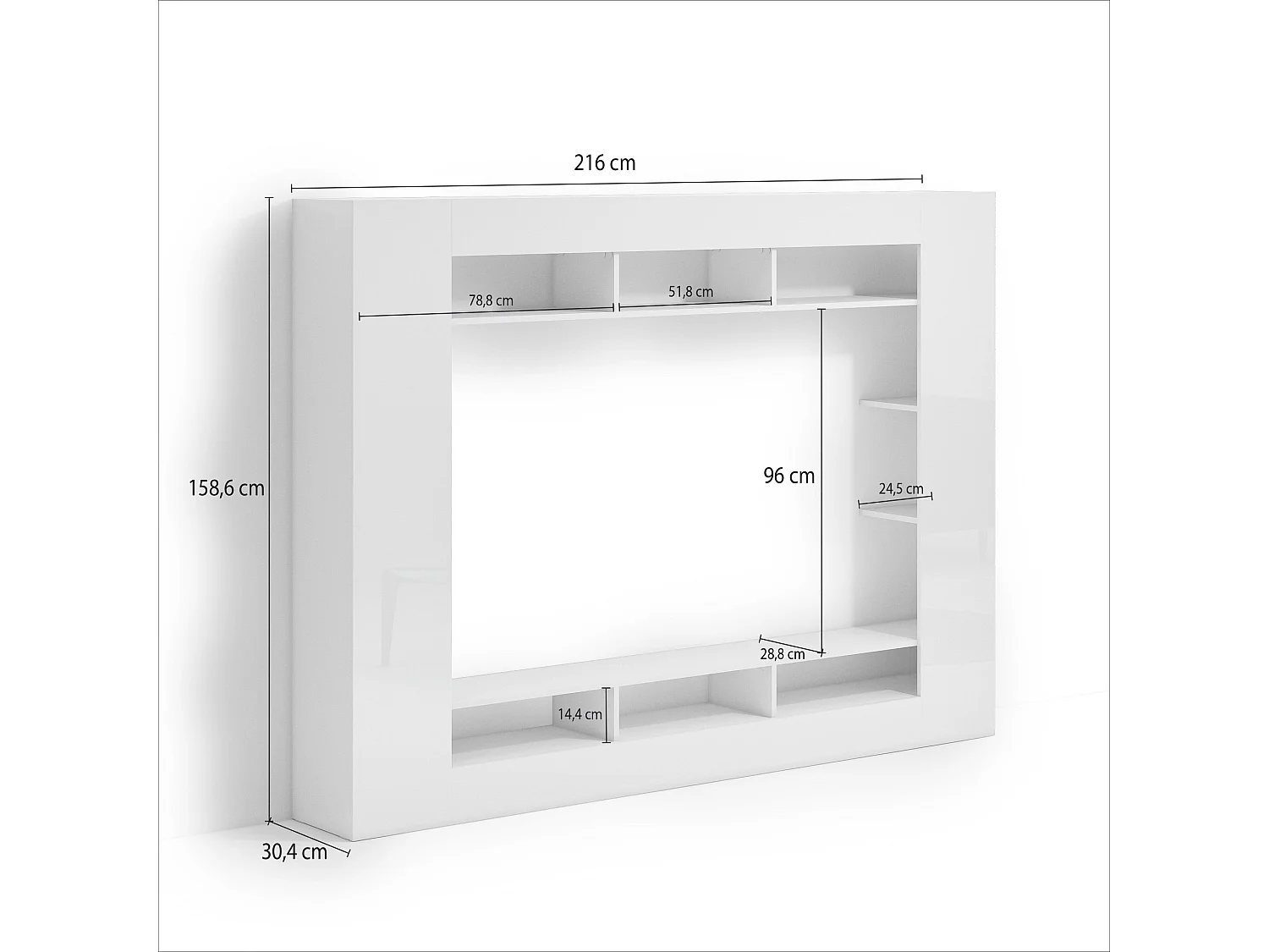 Parete Sadali, 7 Étagères, Made in Italy, Blanc Brillant, Meuble Séjour, Ensemble Modulaire, 11 Compartiments