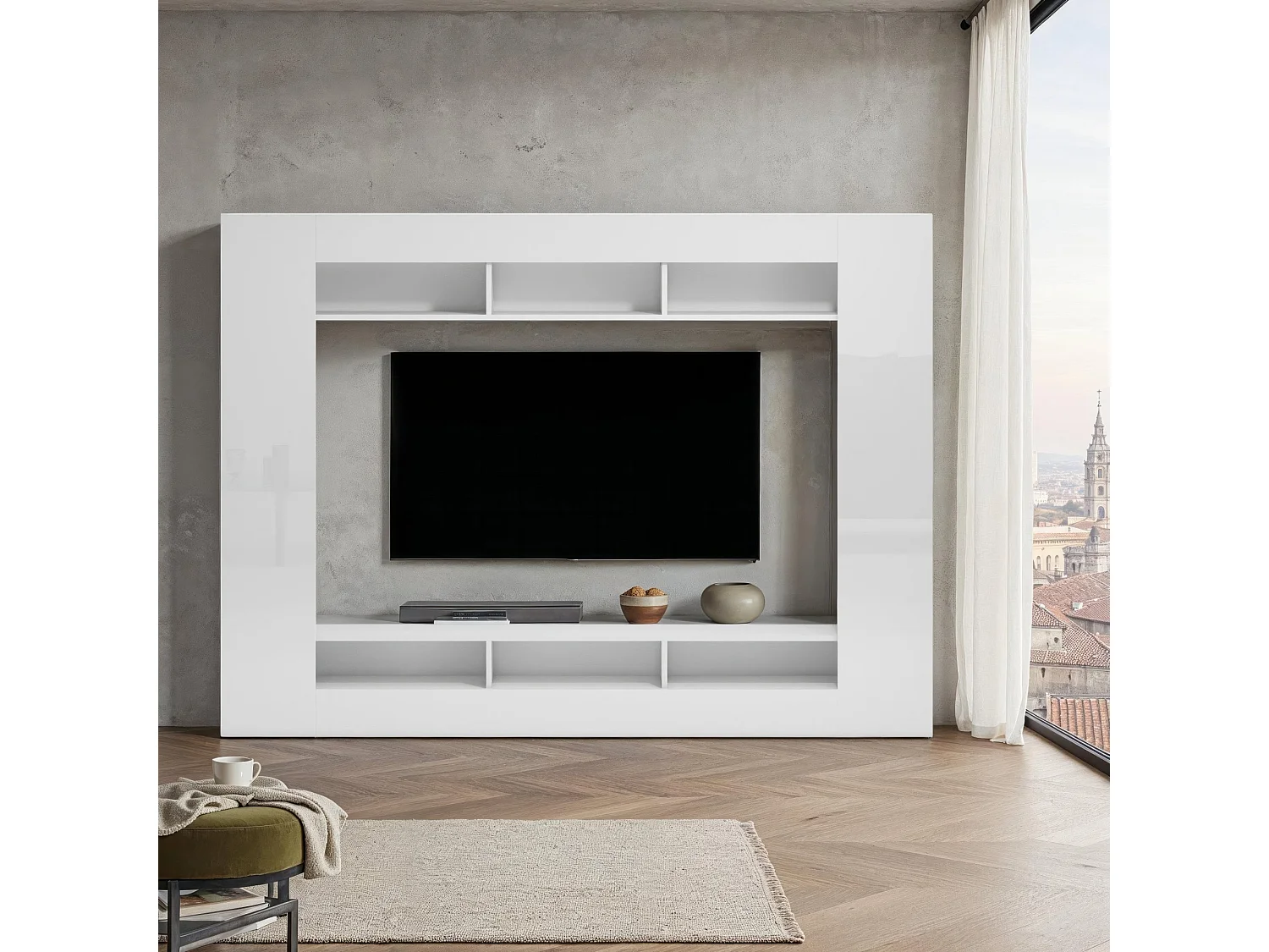 Parete Sadali, 7 Étagères, Made in Italy, Blanc Brillant, Meuble Séjour, Ensemble Modulaire, 11 Compartiments