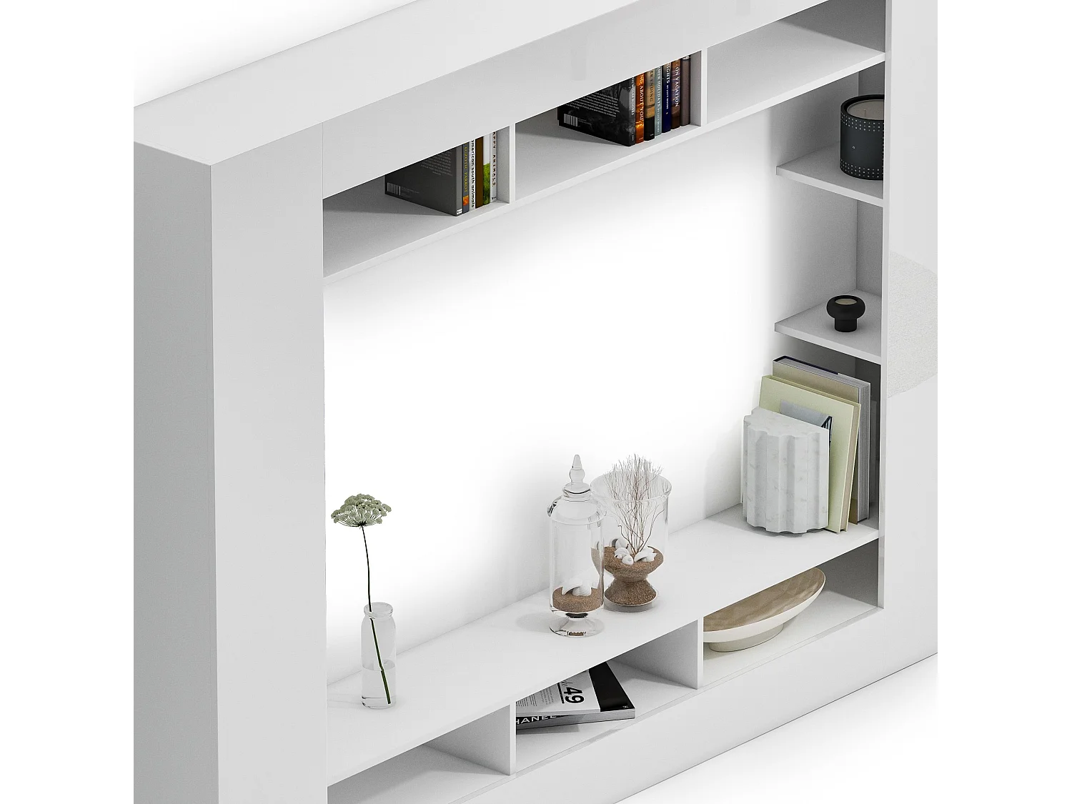 Parete Sadali, 7 Étagères, Made in Italy, Blanc Brillant, Meuble Séjour, Ensemble Modulaire, 11 Compartiments