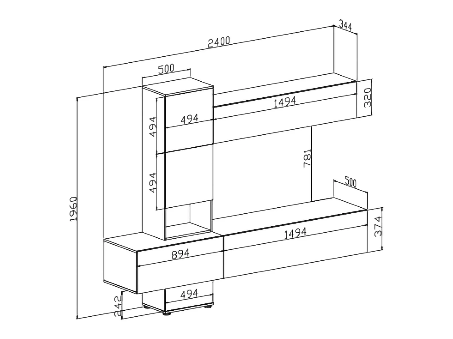 Wandregal Insel, Modulierbar, Anthrazit Schwarz, Wohnzimmermöbel, 6 Türen, modulares Set