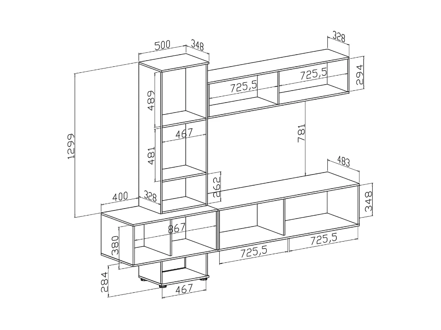 Wandregal Insel, Modulierbar, Anthrazit Schwarz, Wohnzimmermöbel, 6 Türen, modulares Set