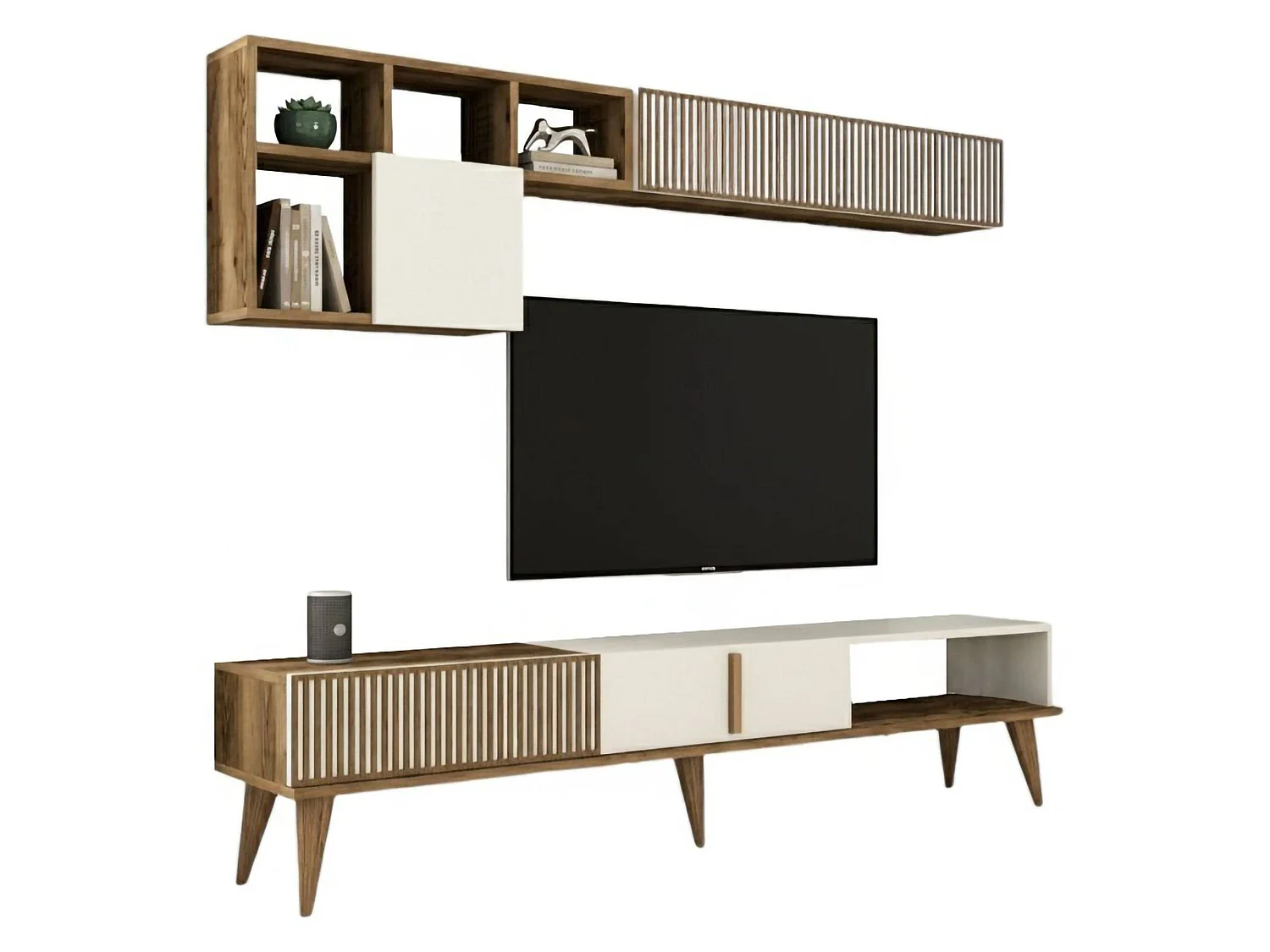 Parete Attrezzata Ostro, 10 Ripiani, Marrone Noce, Mobile Soggiorno, 4 Ante, set Componibile