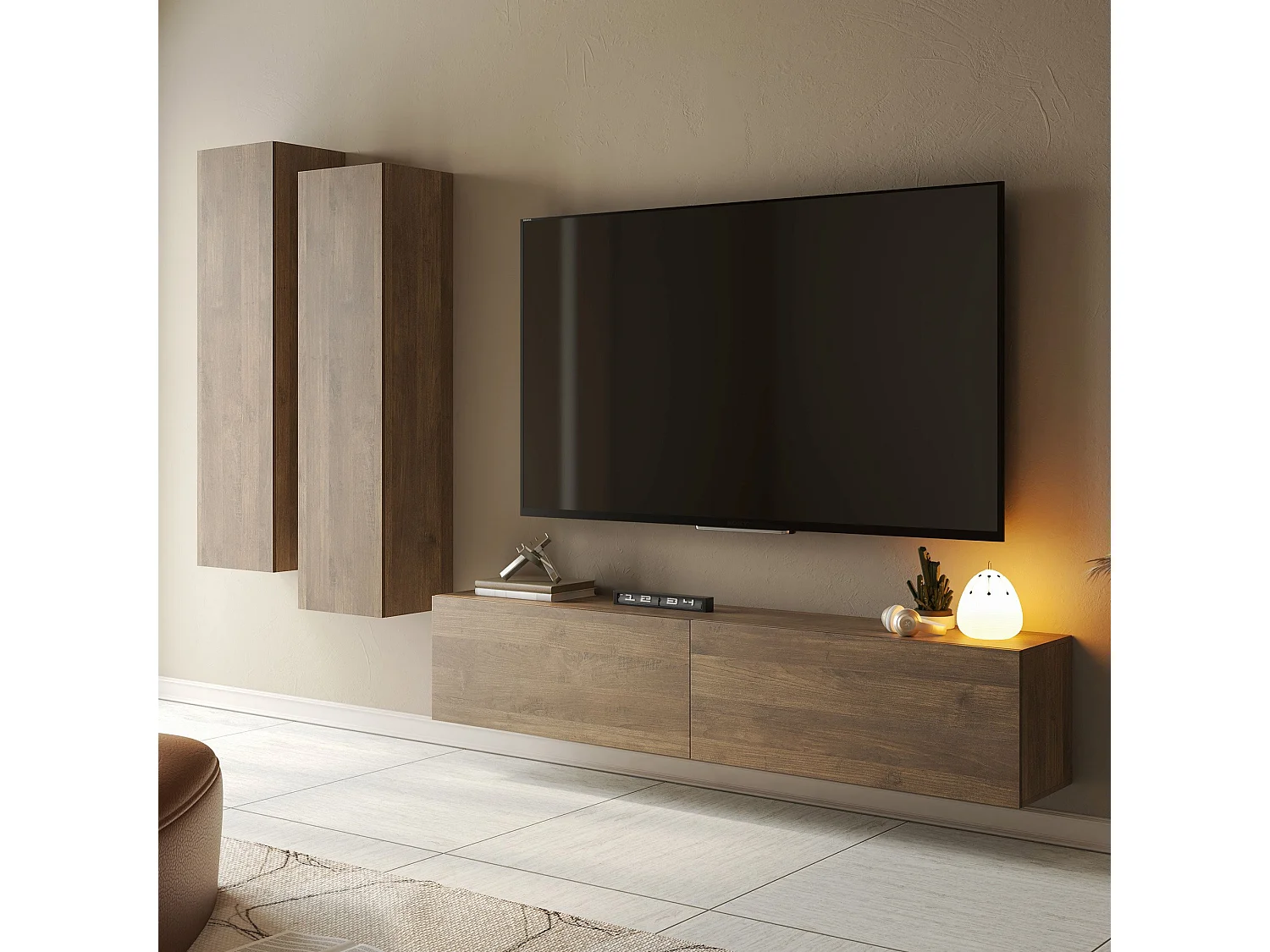 Parete Attrezzata Suisio, Modulabile, Marrone Noce, Mobile Soggiorno, 4 Ripiani, 4 Ante