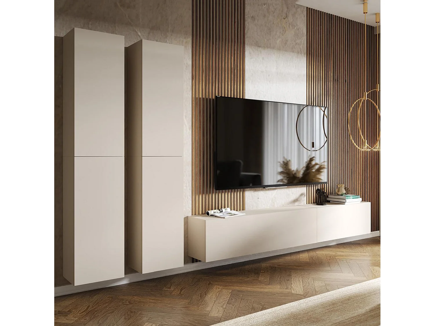 Parete Attrezzata Haba, Modulabile, Beige, Mobile Soggiorno, 6 Ripiani, Apertura Battente